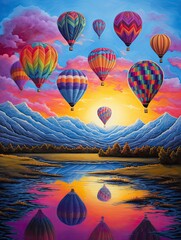 Fototapeta premium Colorful Hot Air Balloons Soaring Through the Twilight Landscape at Dusk
