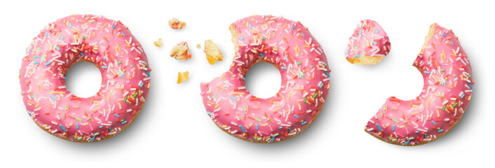 Donuts isolated set. Fresh donut, bitten and half a donut on a transparent background, top view.