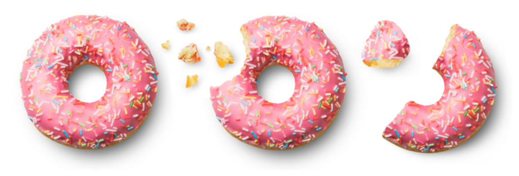 Donuts isolated set. Fresh donut, bitten and half a donut on a transparent background, top view.