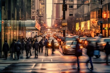 Dynamic street scene in the central business district during rush hour, Generative AI