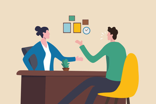 Job interview, business discussion meeting or recruitment manager, candidate answer question or career development, communication or hiring concept, business people answer question in job interview.