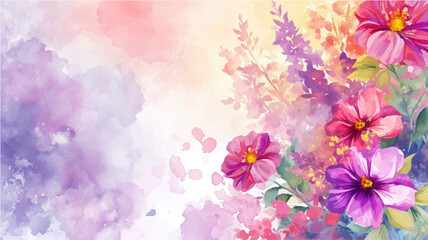 Watercolor floral background with pink and purple flowers, vector illustration.