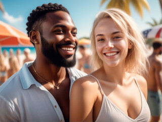 happy african american man and blonde woman looking at camera on beach
