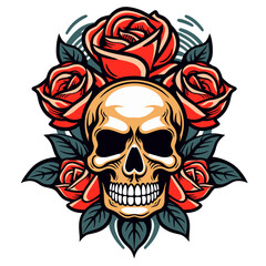 Flat Color 1940s Tattoo Roses & Skull: Kid-Friendly Stencil Mascot Logo Vector