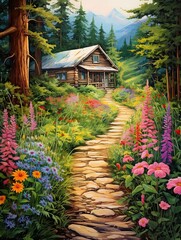 Fototapeta premium Cozy Cabin Getaways: Nature Walks on the Trail to Retreat With Serene Pathway Paintings