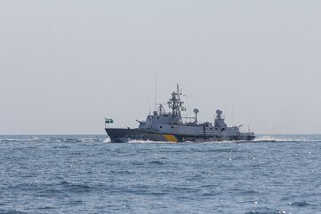 A military ship of the Naval Forces of Ukraine at a military parade in the city of Odesa. Ukraine. August 24, 2021
