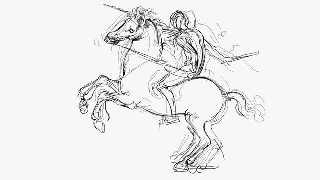 Horse and Rider. Based on drawing of Leonardo da Vinci. Black and white hand draw time lapse linear sketch art