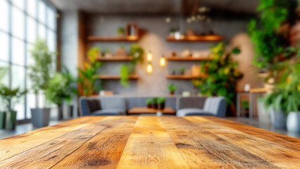 Natural wooden empty table against blurred sustainable cafe or restaurant or public relax zone interior background. Scene stage showcase for montage you products, promotion sale or advertising