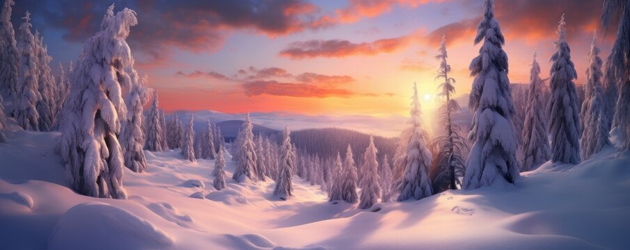 sunset in snowy mountain landscape