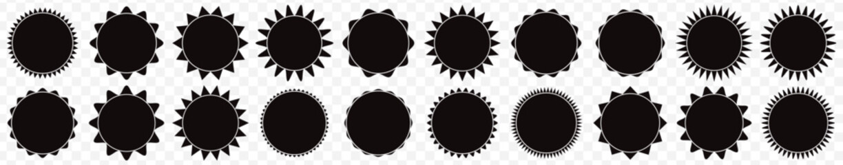 20 Set of black price sticker, sale or discount sticker, sunburst badges icon. Stars shape with different number of rays.Special offer price tag. Black starburst promotional badge set, shopping labels - obrazy, fototapety, plakaty