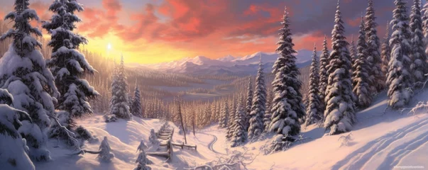 Zelfklevend Fotobehang sunset in snowy mountain landscape © tetxu