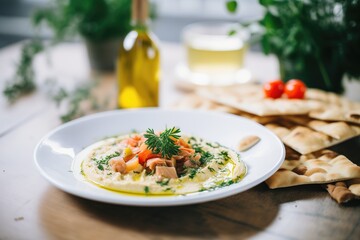 middle eastern hummus with olive oil and pita