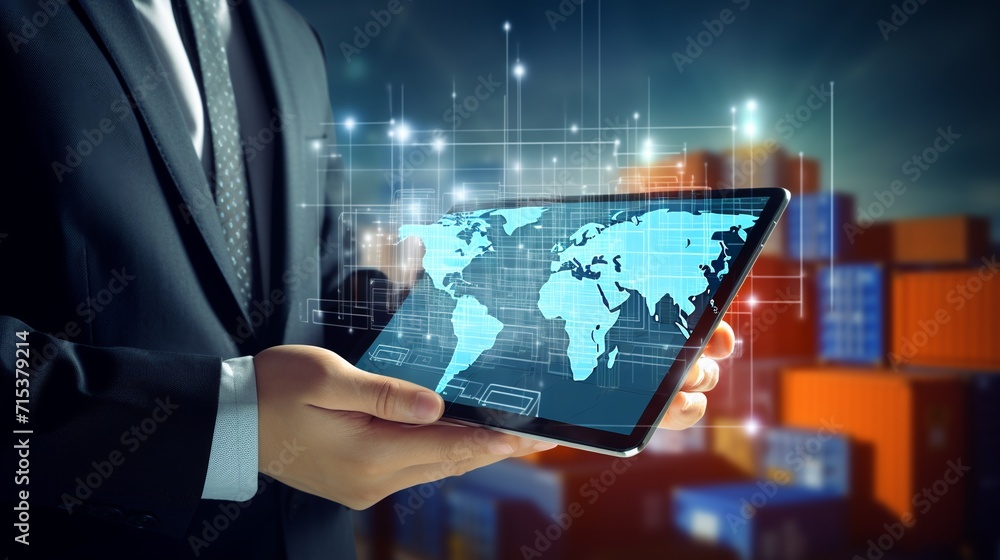 Poster close up of businessman holding tablet pc with world map and container in background. ai.