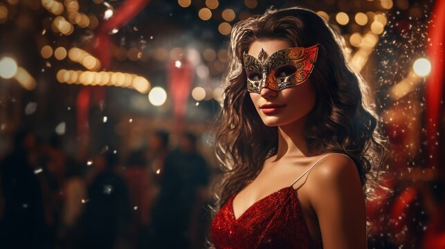 Beauty model woman wearing venetian masquerade carnival mask at party over holiday dark background with magic stars. Christmas and New Year celebration