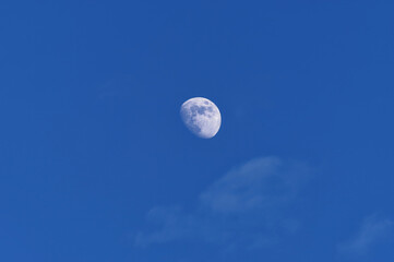 Księżyc widoczny podczas dnia na niebieskim niebie.