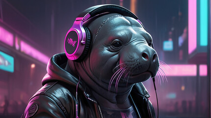 Cyber Manatee Synth-Fueled Chill by Alex Petruk AI GENERATED - obrazy, fototapety, plakaty