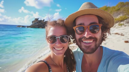 couple making selfie on vacation on idyllic caribbean beach - obrazy, fototapety, plakaty