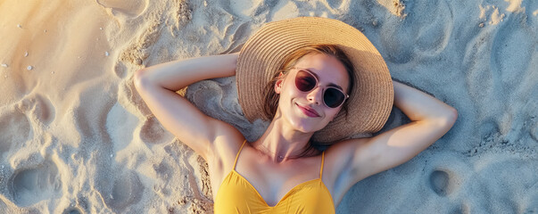 une femme allongée sur le dos, les bras derrière la tête, sur une plage de sable - obrazy, fototapety, plakaty