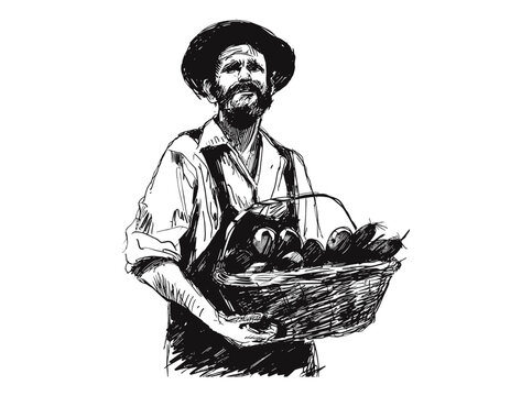 Grabado ilustración de un campesino con una cesta