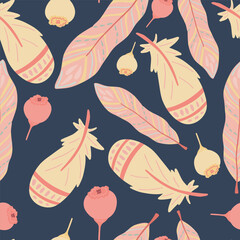 Bright flat design feather and berries seamless pattern