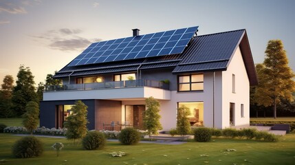 solar panels in front of house - obrazy, fototapety, plakaty