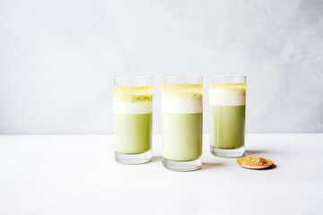 three matcha lattes in ascending sizes, a gradient effect