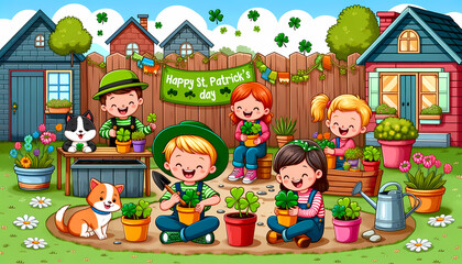 A cartoon-style drawing of a group of joyful children in a backyard garden, each planting shamrocks in colorful pots. Banner saying Happy St. Patrick's Day in the background.