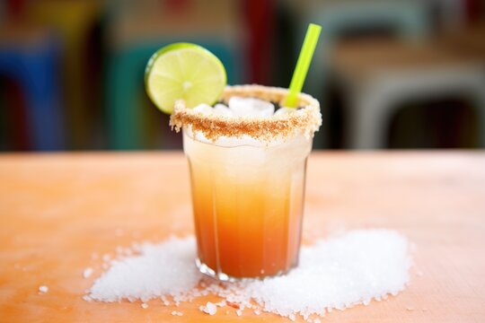 close-up of a michelada in a salt-rimmed glass with lime
