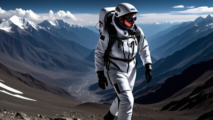 Astronaut in White Space Suit Exploring Snow-Capped Mountainous Landscape Under Clear Blue Sky