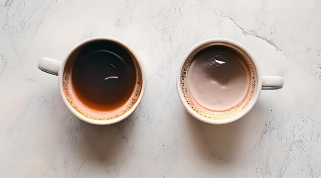 Two black coffees and a latte on a white table with a unique pattern