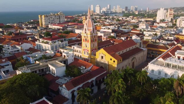 Cartagena, Colombia: Aerial drone footage of the cathedral dating from the 16th century in the colonial old town of Cartagena by the Bolivar square in Colombia