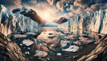 Fotobehang A vivid illustration of the effects of global warming, showcasing melting ice in a polar region with clear water where ice once was © Oleg Kozlovskiy