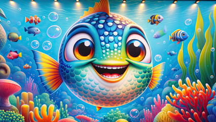 A vibrant, animated mural depicting an exuberant giant fish surrounded by a variety of smaller fish and underwater flora, all rendered in a playful and colorful style.