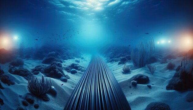 This image depicts the vital infrastructure of an undersea data cable laid out across the sandy ocean floor, a testament to technological progress in global communications