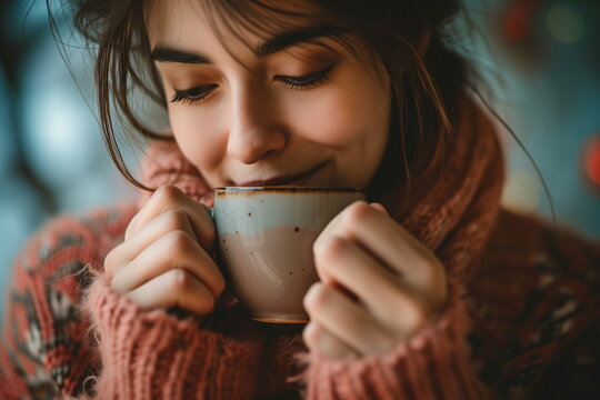 Woman enjoying hot tea or coffee holding a mug with both hands. Upper body close up. Winter concept. Generative AI