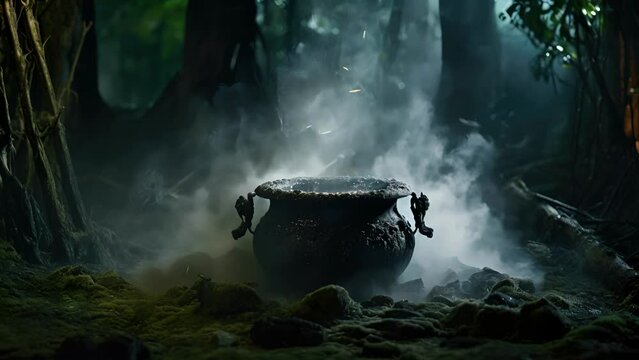 The smoke rising from the cauldron takes on eerie shapes, foretelling the witchs next move in the realm of witchcraft.