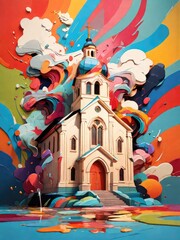 church with dominant colorfull background