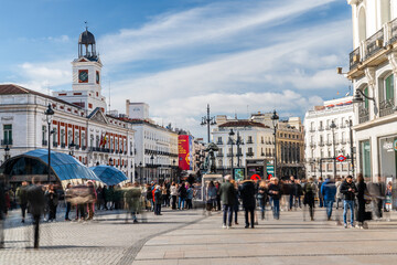 The populated Puerta del Sol plaza in Madrid Downtown. January 2024. Long exposure shot