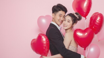 Asian, young couple wearing elegant covering with bunch of heart shaped balloons. studio shot, Valentine's Day, White Day - Generative AI