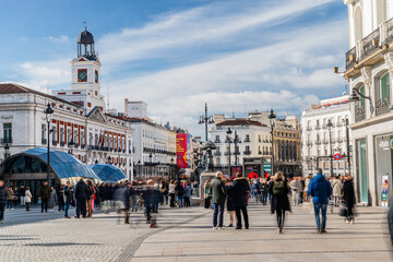 The populated Puerta del Sol plaza in Madrid Downtown. January 2024. Long exposure shot
