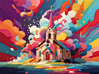 church with dominant colorfull background