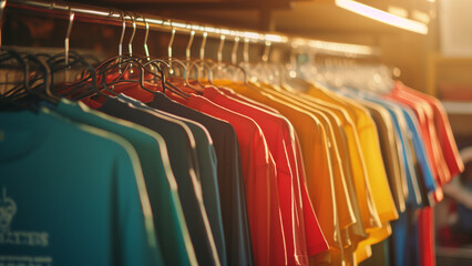 Afternoon Glow: A Laundromat’s Colorful Array of T-Shirts - obrazy, fototapety, plakaty