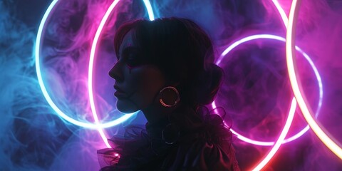 Black Witch is Surrounded by Neon Circles in the Style of Fine Art Photography - Woman Angelcore Antichrist Luminous Skies Background created with Generative AI Technology