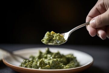 close-up of palak paneer with a spoonful being lifted