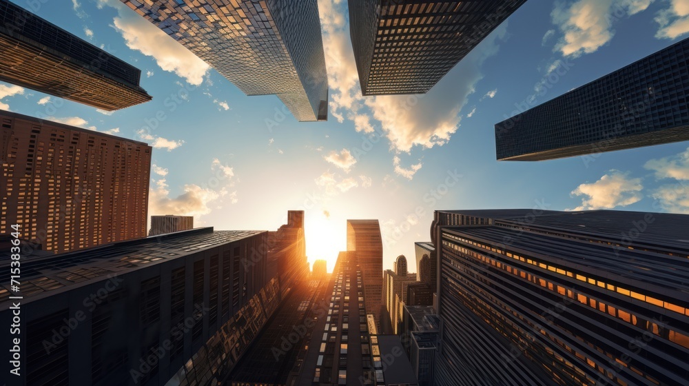 Poster a group of tall buildings with the sun setting in the middle of the picture in the middle of the pic