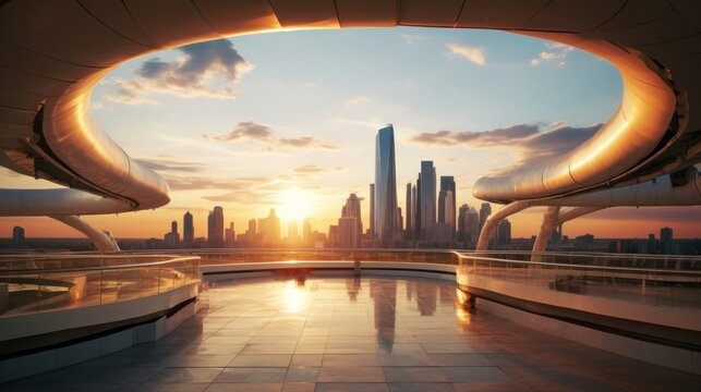  the sun is setting over a cityscape as seen through a circular opening in the roof of a building.