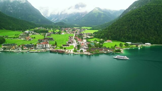 Drone Austria. Lake Achen Achensee in Austrian Alps. popular tourist sightseeing destination in Tyrol region. 