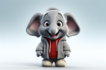  a cartoon elephant with a red shirt and a red hoodie is standing in front of a light blue background.