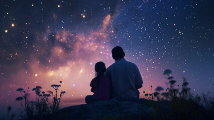 Galactic Connection: A Father and Daughter’s Starry Night - obrazy, fototapety, plakaty