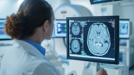 Radiologist Analyzing Brain CT Scans. Female radiologist reviewing detailed brain CT images in a medical facility.